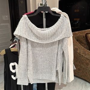 light grey off the shoulder knit oversized sweater